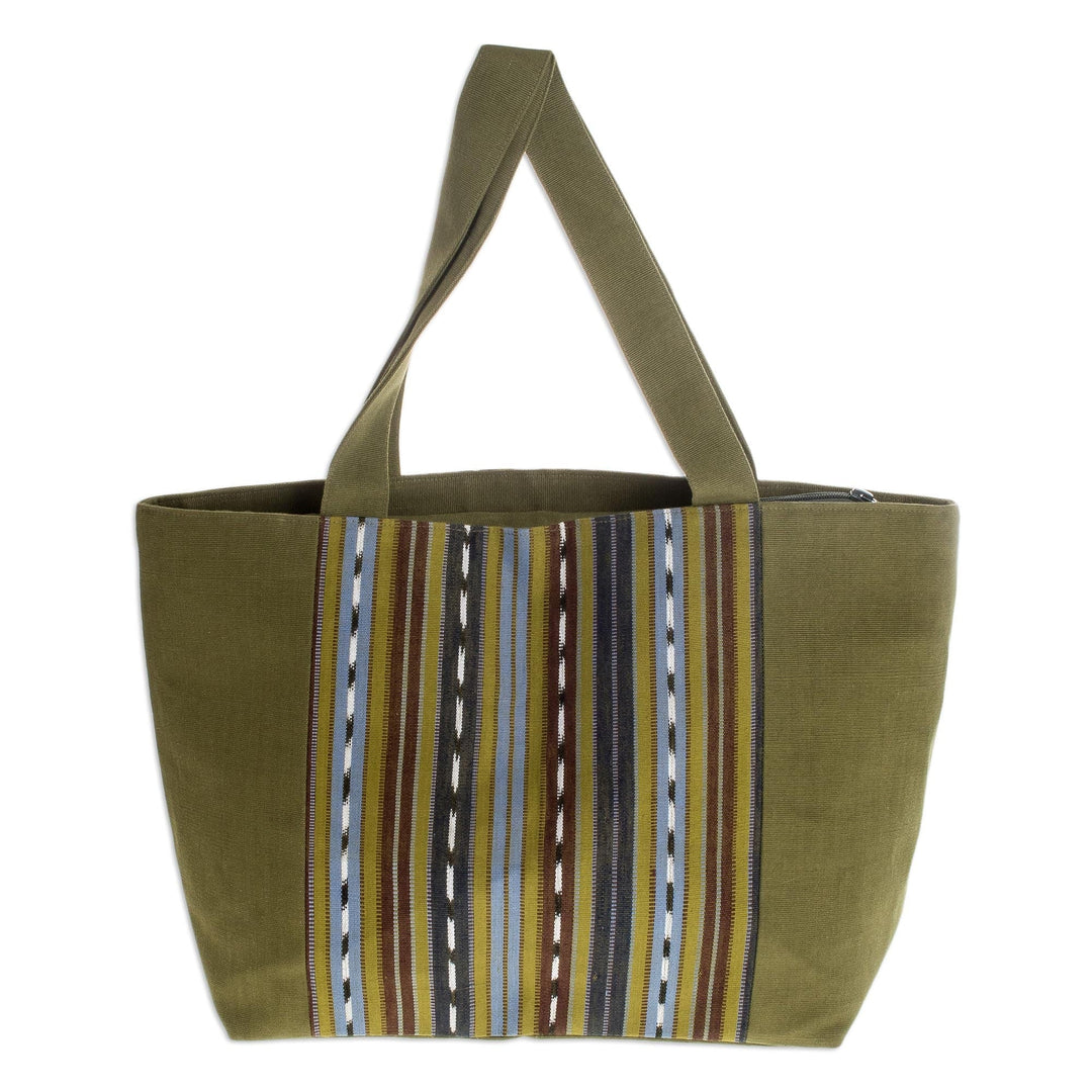 Green Striped Cotton Tote Bag Handwoven in Guatemala - Maya Meadows
