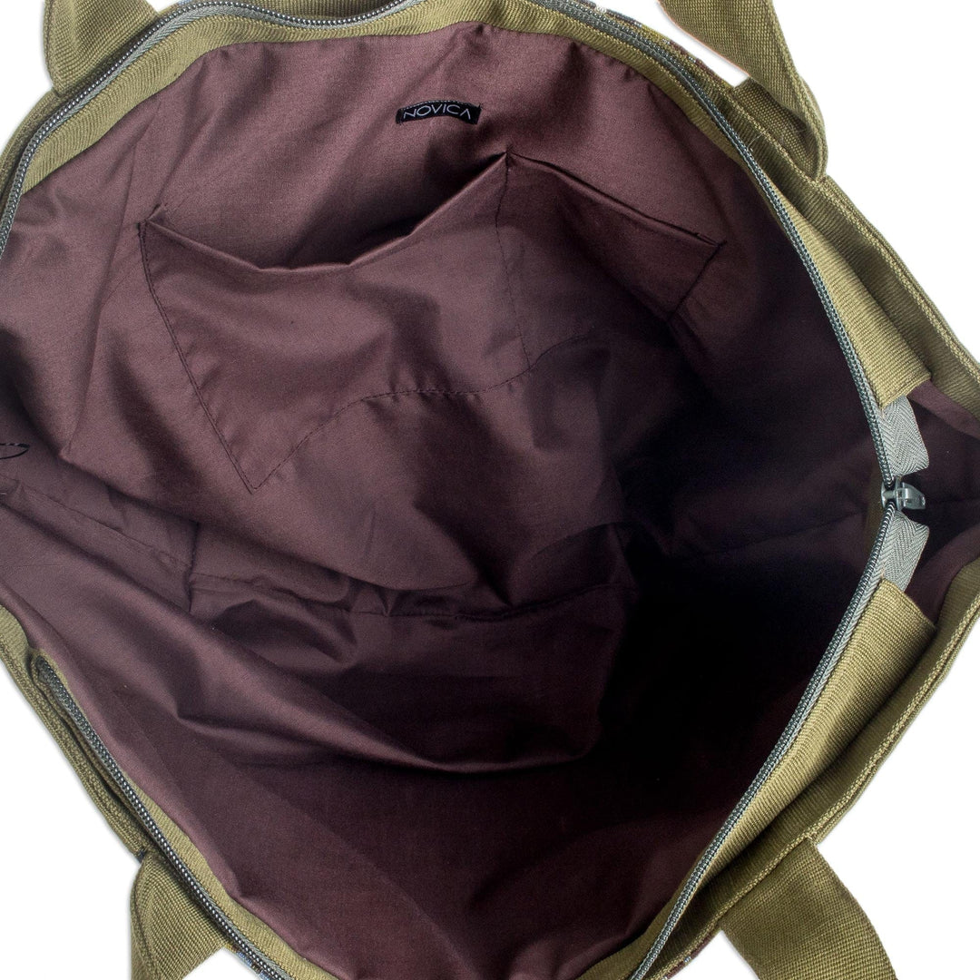 Green Striped Cotton Tote Bag Handwoven in Guatemala - Maya Meadows