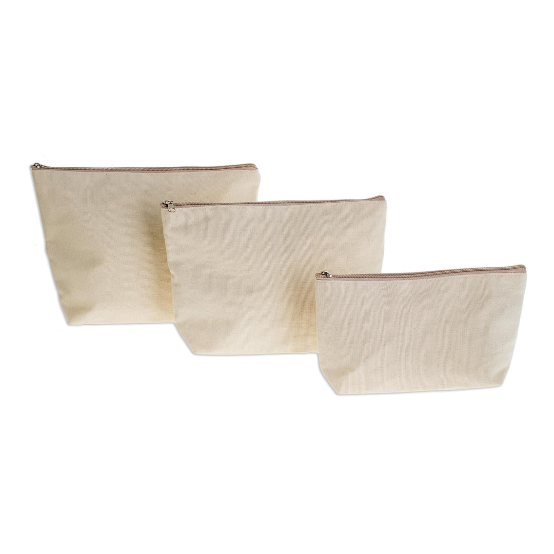 Artisan Crafted Cotton Cosmetic Travel Bags (Set of 3) - Happiness