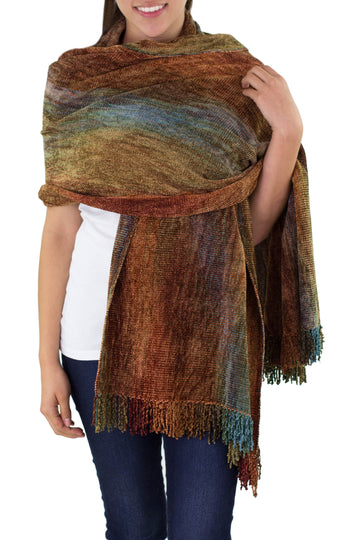 Rayon Chenille Patterned Women's Shawl - Tropical Volcano