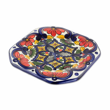 Handmade Talavera Style Ceramic Dessert Plates (Set of 4) - Floral Octagons