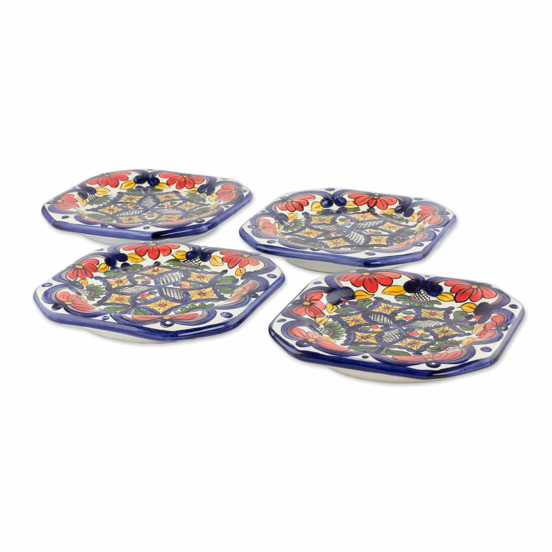Handmade Talavera Style Ceramic Dessert Plates (Set of 4) - Floral Octagons