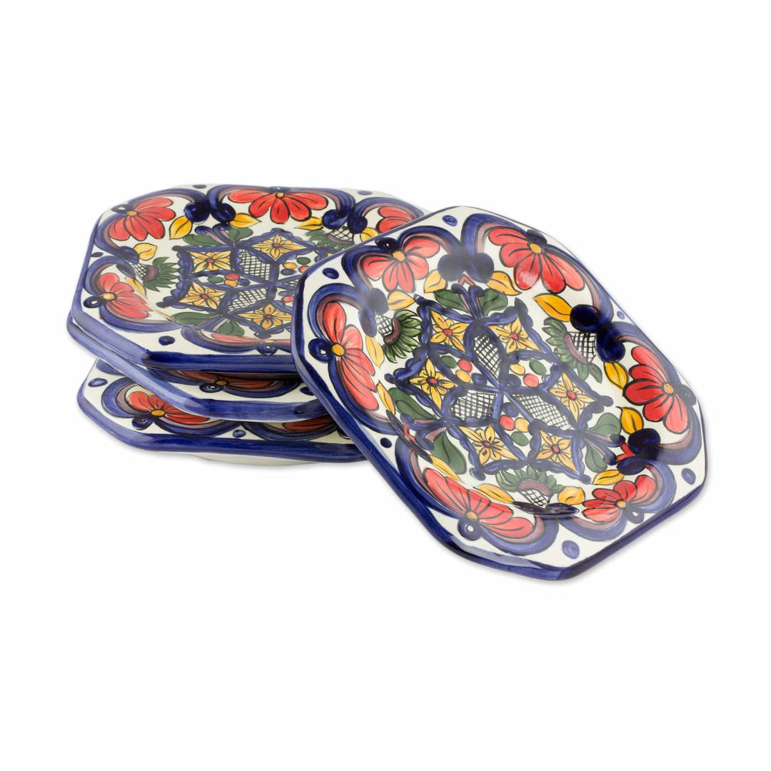 Handmade Talavera Style Ceramic Dessert Plates (Set of 4) - Floral Octagons
