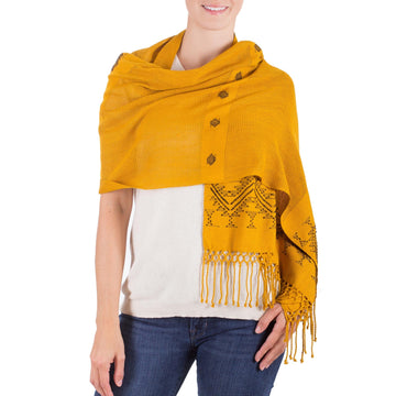 Unique Central American Embroidered Yellow Shawl - Hillside Lullaby