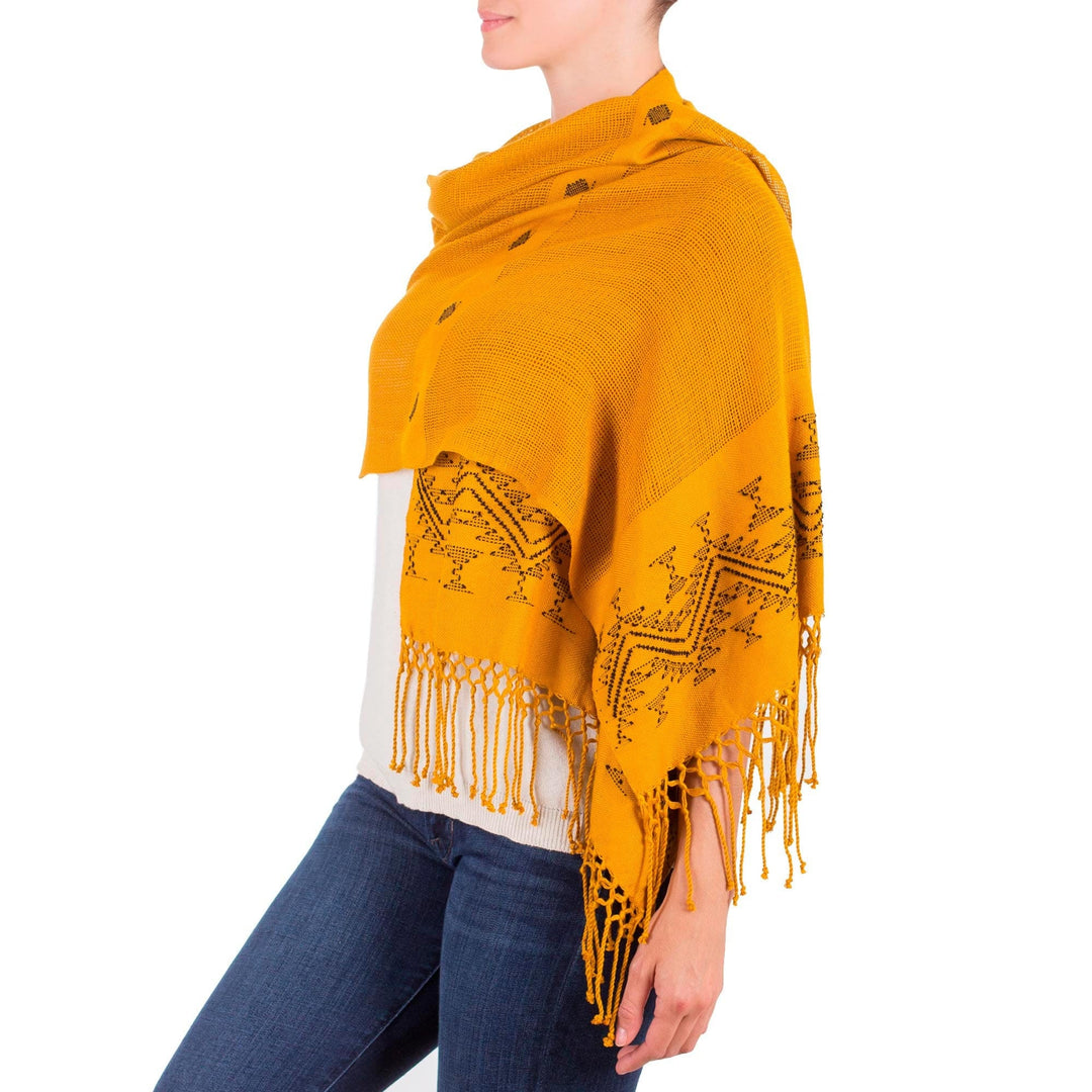 Unique Central American Embroidered Yellow Shawl - Hillside Lullaby