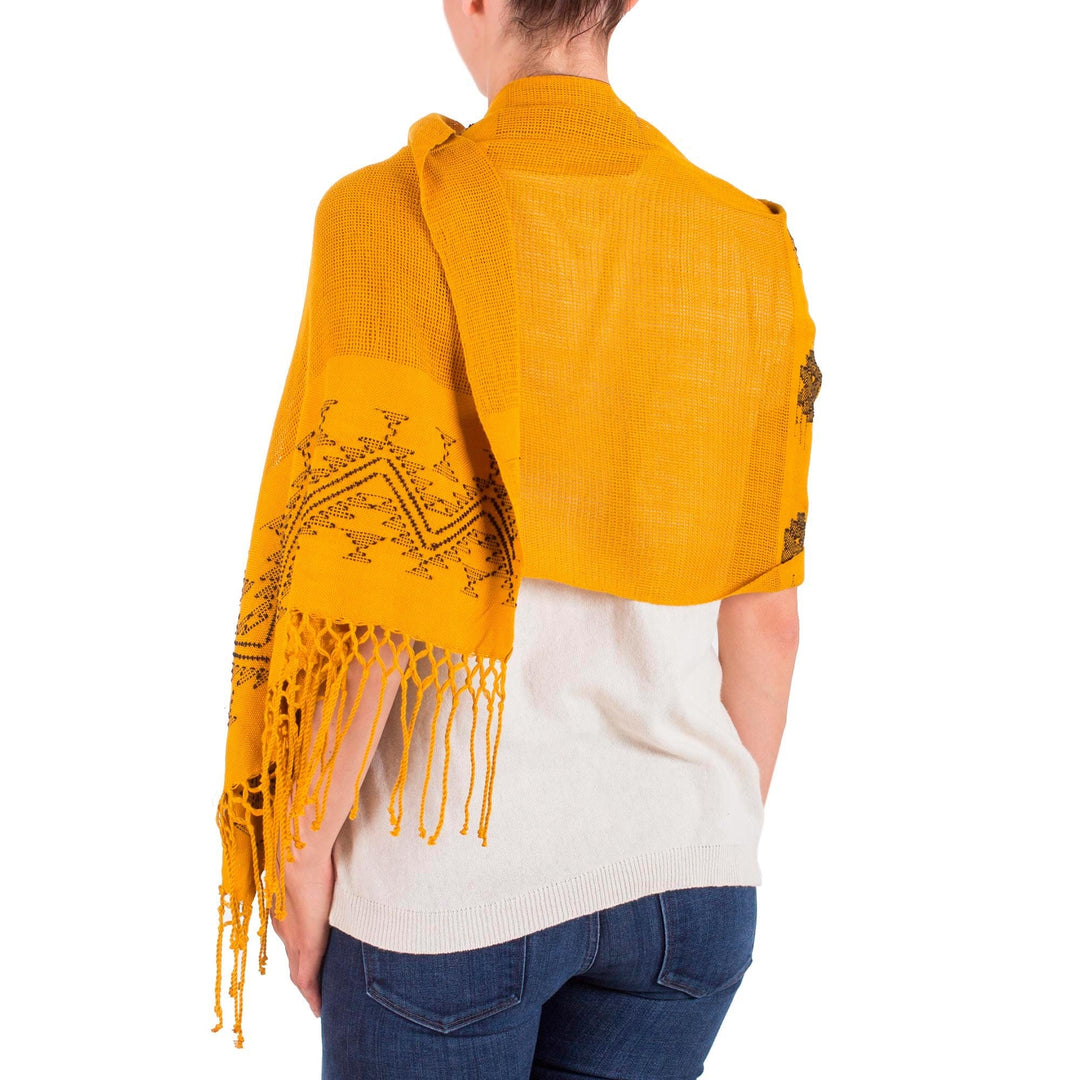 Unique Central American Embroidered Yellow Shawl - Hillside Lullaby