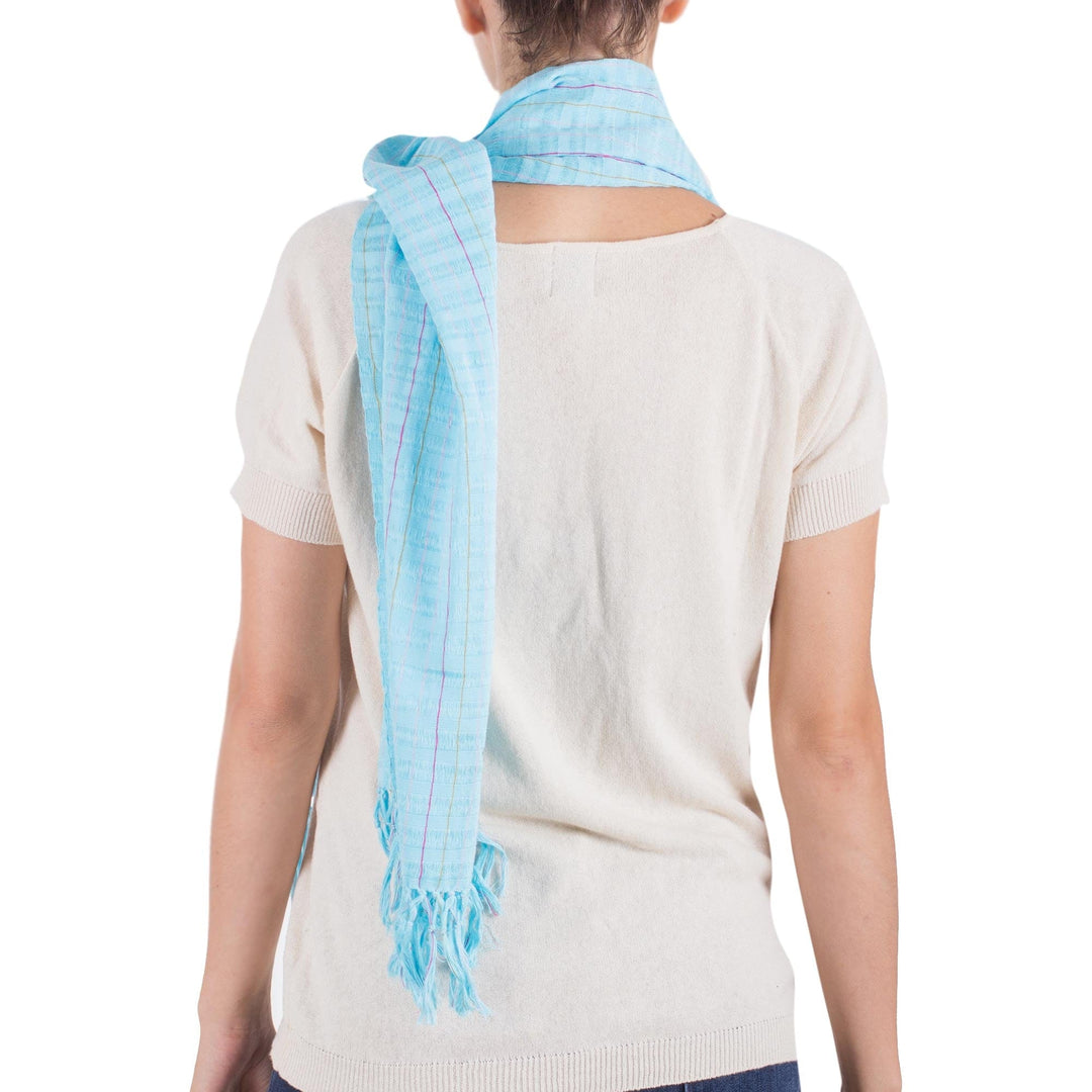 Handmade Blue Woven Cotton Scarf   - Morning Sky