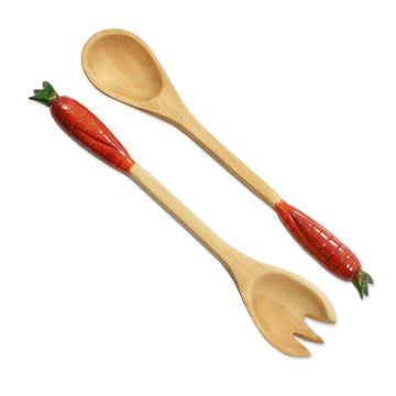 Handcrafted Wood Serving Utensils (Pair) - Cute Carrots