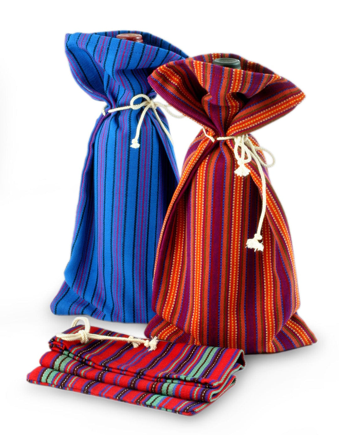 Colorful Handwoven Cotton Wine Bottle Bags (Set of 3) - Cheers