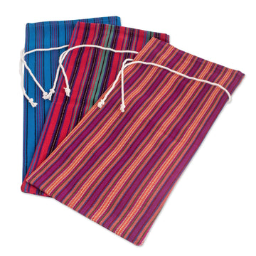 Colorful Handwoven Cotton Wine Bottle Bags (Set of 3) - Cheers