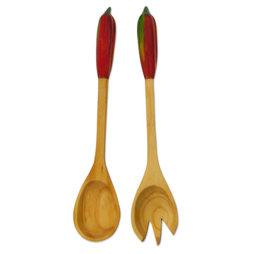 Hand Crafted Wood Salad Serving Set - Red Chili Pepper