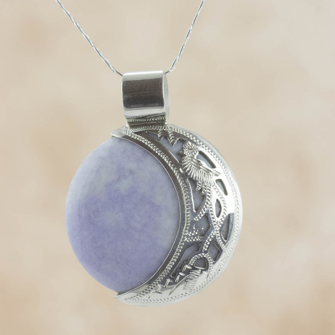 Medium Maya Eclipse Lilac and Black Jade Silver Necklace - Lilac Quetzal Eclipse