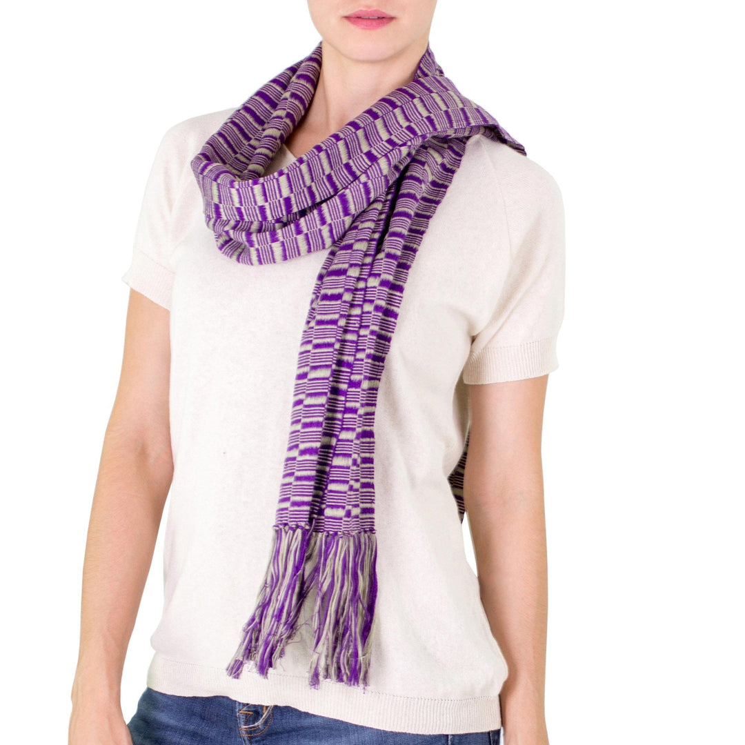 Hand Loomed Cotton Scarf - Exotic in Purple Grey