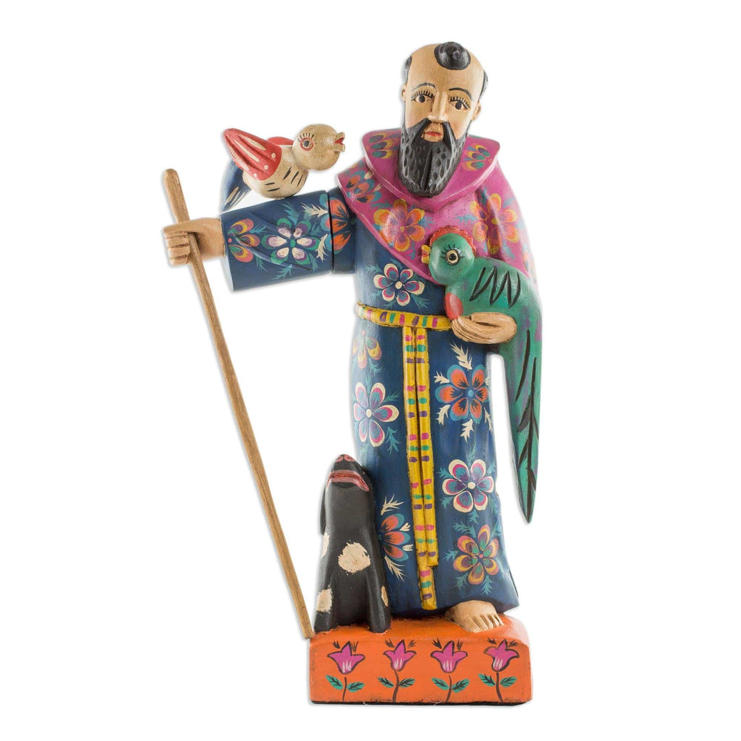Rustic Sculpture of Saint Francis with a Quetzal Bird - Saint Francis with a Quetzal