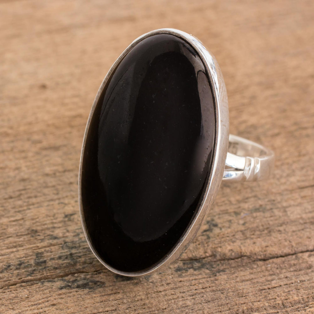 Minimalist Black Jade and Silver Cocktail Ring - Black Tonalities