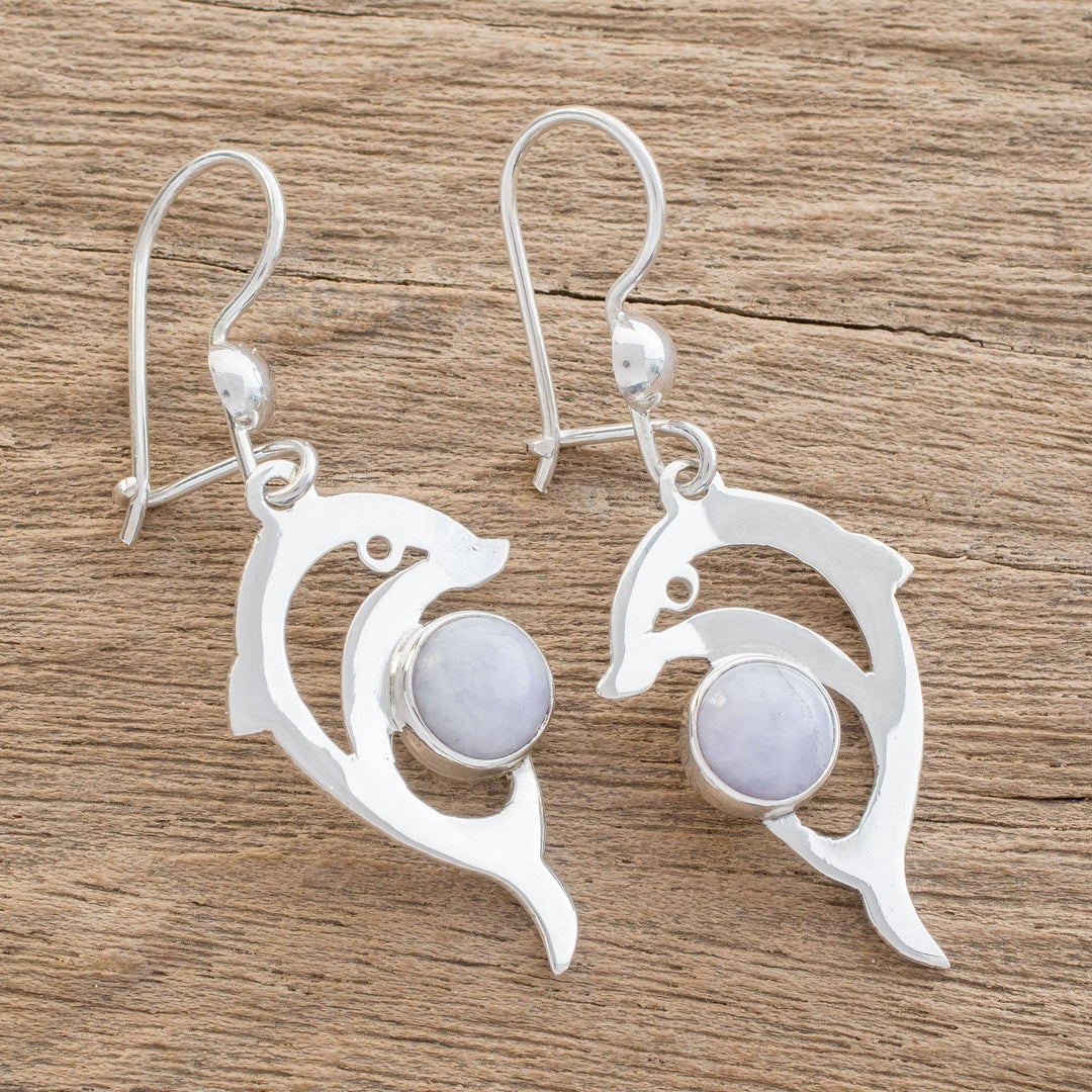 Handmade Silver Dolphin Earrings with Lilac Maya Jade - Lilac Dolphin