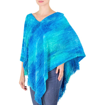 Blue Hand Woven Cotton Blend Poncho - Magical Lagoon