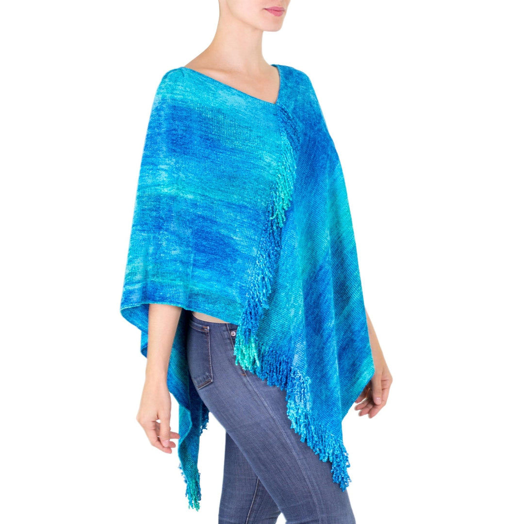 Blue Hand Woven Cotton Blend Poncho - Magical Lagoon