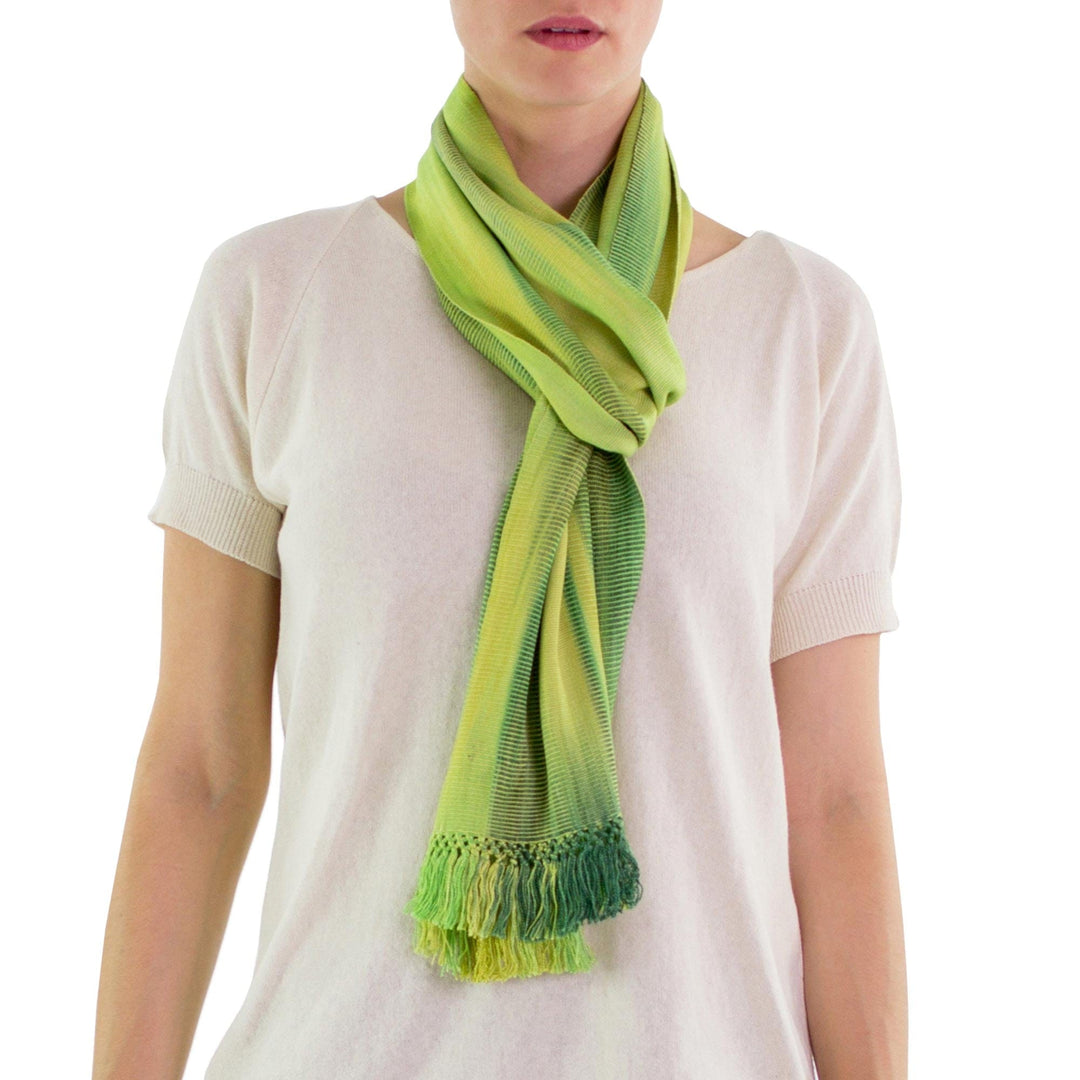 Light and Dark Green Hand Woven Rayon Scarf - Iridescent Green Pastels