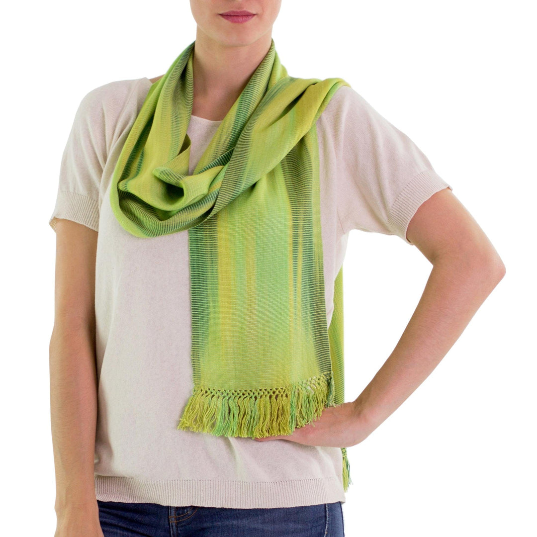 Light and Dark Green Hand Woven Rayon Scarf - Iridescent Green Pastels