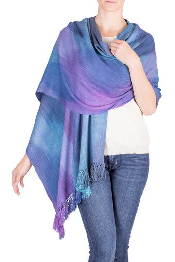 Hand Woven Shawl in Blues and Orchids - Blue Orchids