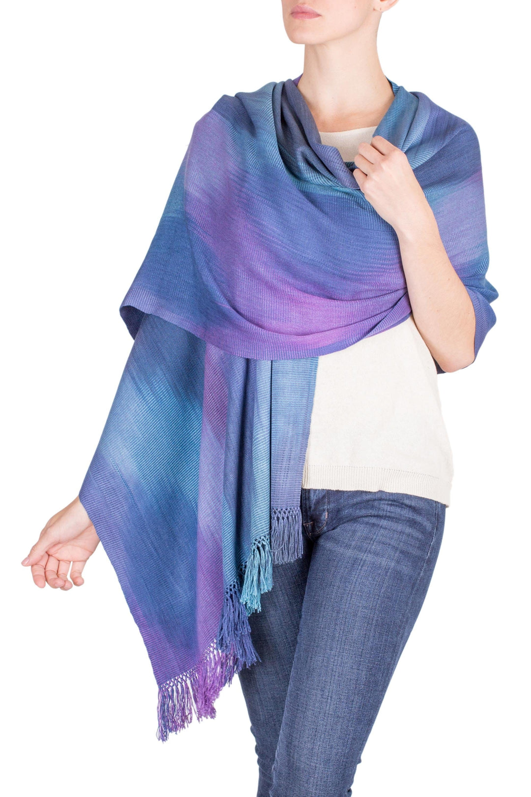 Hand Woven Shawl in Blues and Orchids - Blue Orchids