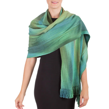 Green and Turquoise Hand Woven Rayon Shawl - Peaceful