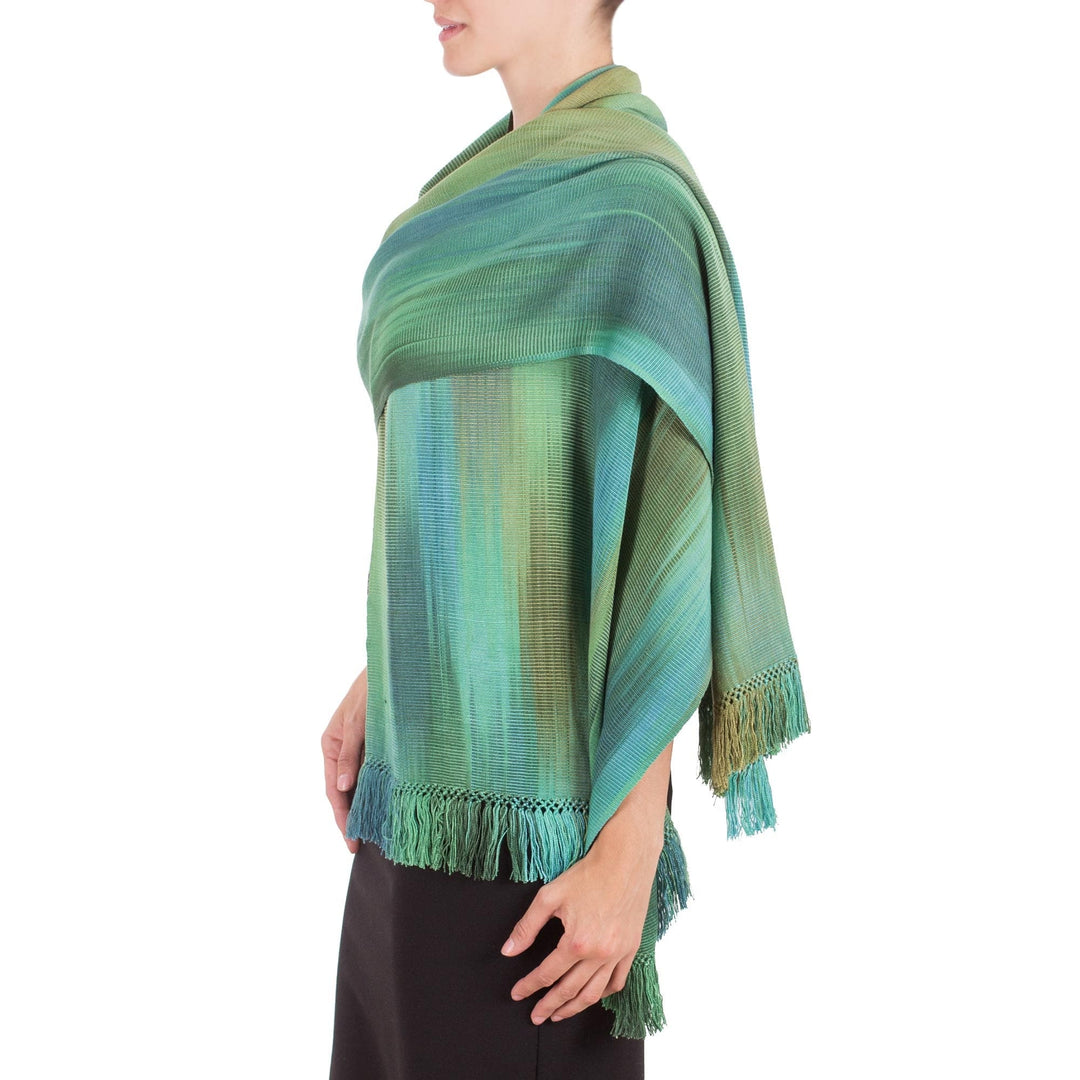 Green and Turquoise Hand Woven Rayon Shawl - Peaceful