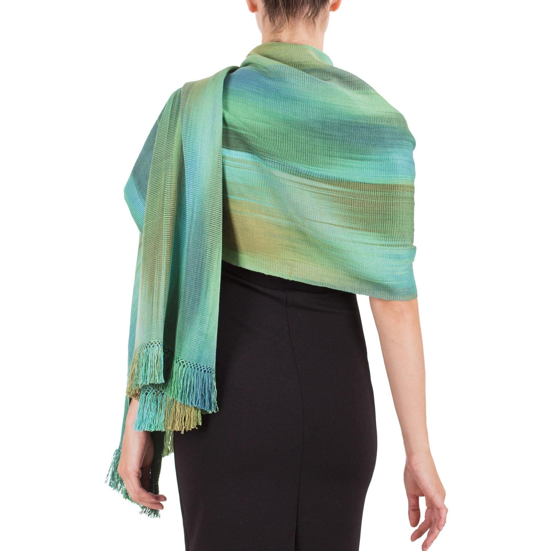 Green and Turquoise Hand Woven Rayon Shawl - Peaceful
