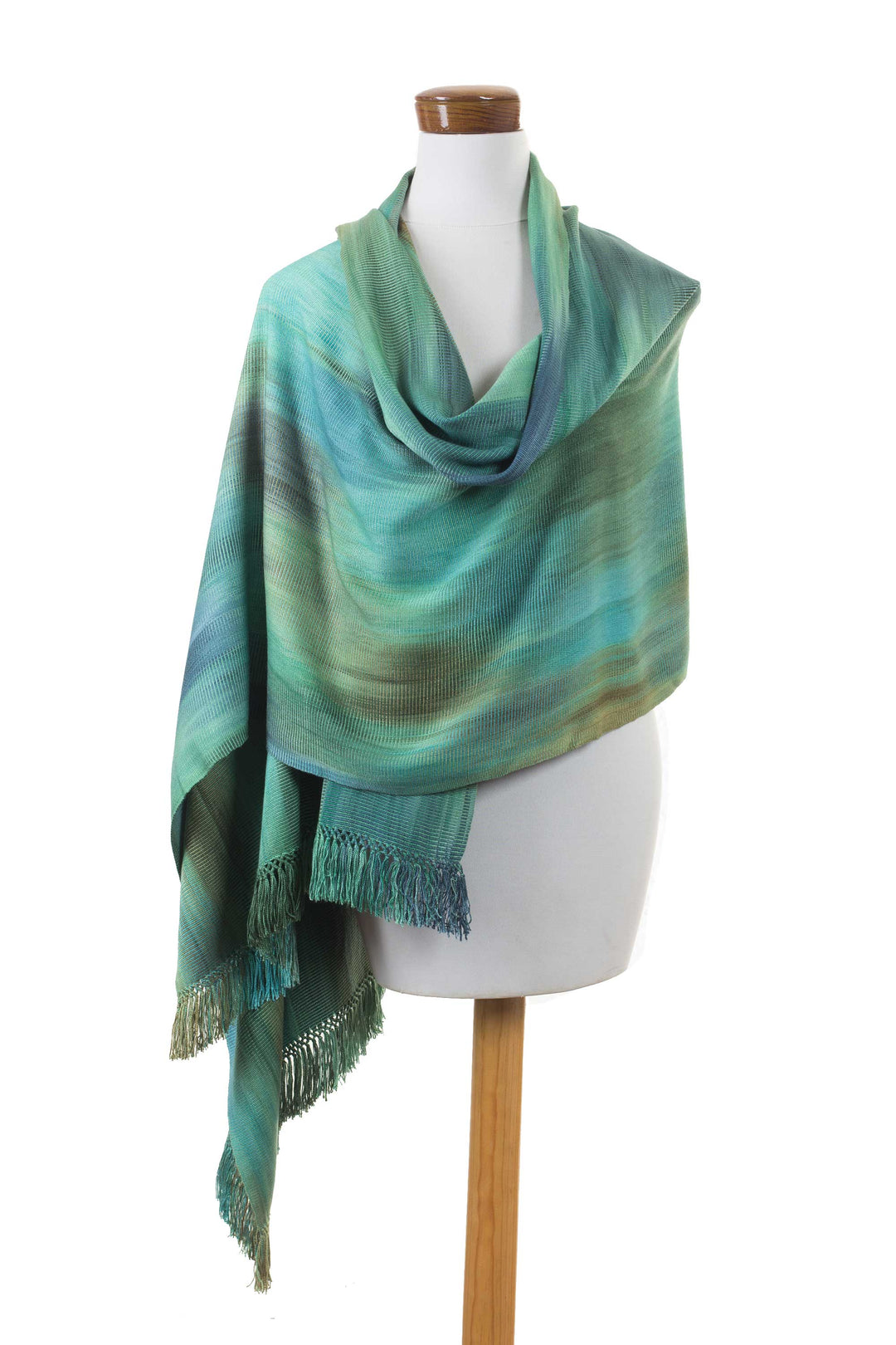 Green and Turquoise Hand Woven Rayon Shawl - Peaceful