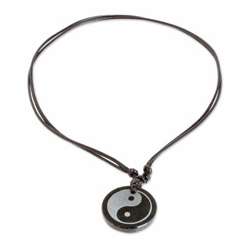 Jade Yin Yang on Black Cotton Necklace Crafted by Hand - Yin Yang