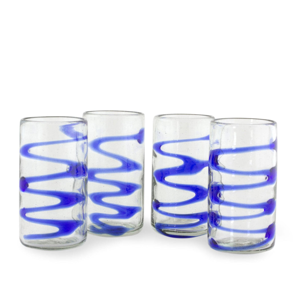 11 oz Tumbler Glasses Hand Blown Glass Art (Set of 4) - Blue Ripple