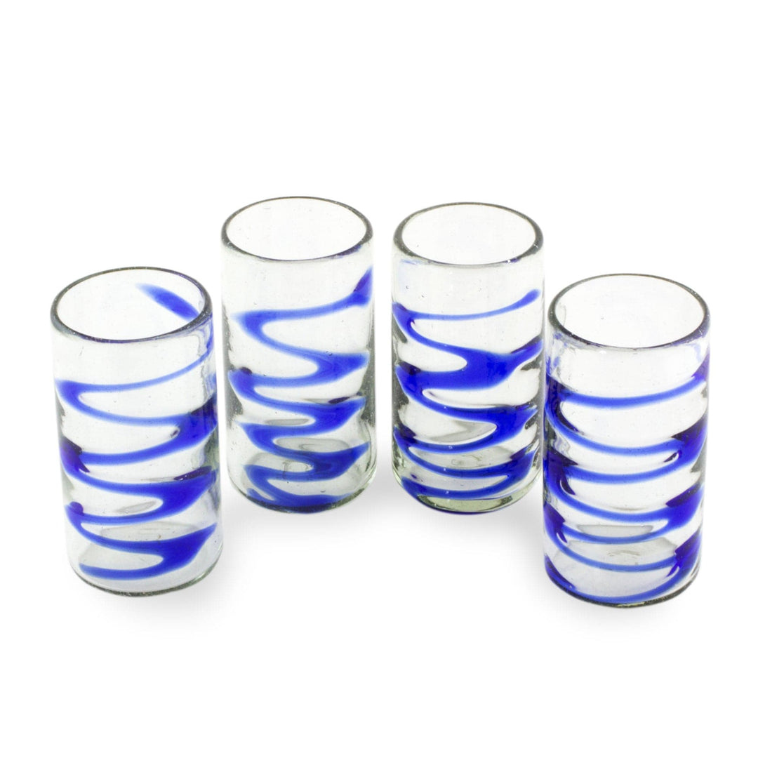 11 oz Tumbler Glasses Hand Blown Glass Art (Set of 4) - Blue Ripple