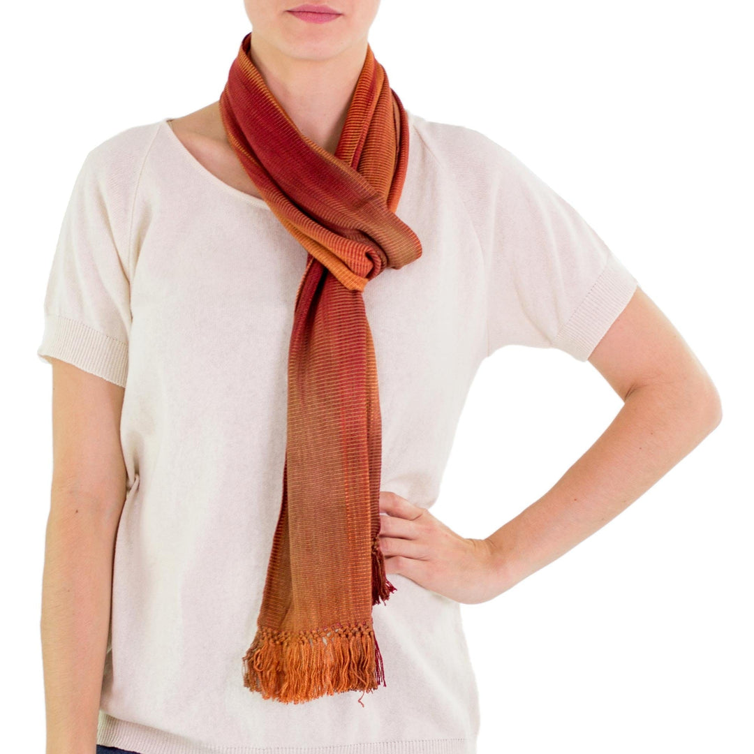 Orange Brown Maroon Hand Woven Rayon Chenille Scarf - Solola Dawn