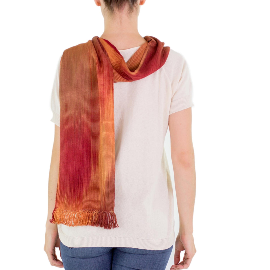 Orange Brown Maroon Hand Woven Rayon Chenille Scarf - Solola Dawn