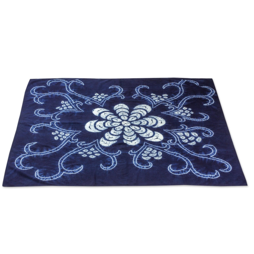 White Flower on Indigo Cotton Batik Hand Crafted Table Cloth - El Salvador Wildflower