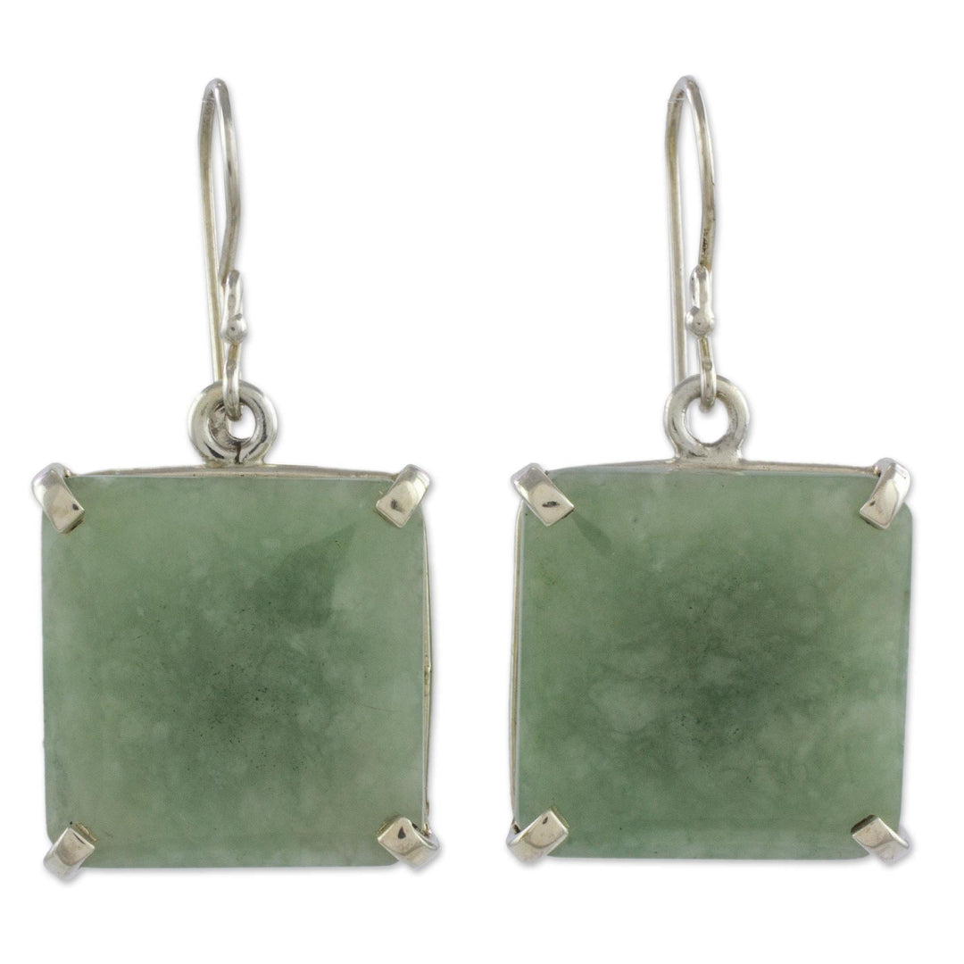 Minimalist Silver and Apple Green Jade Artisan Earrings - Abstract Square