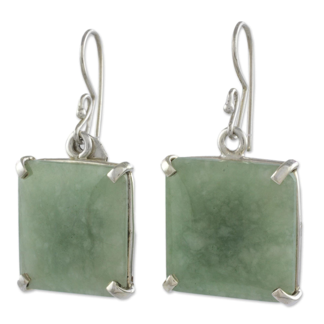Minimalist Silver and Apple Green Jade Artisan Earrings - Abstract Square