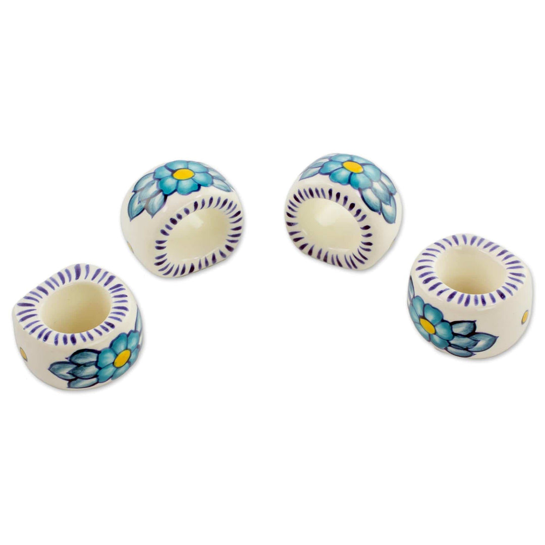 Artisan Crafted Floral Ceramic Napkin Rings (Set of 4) - Bermuda