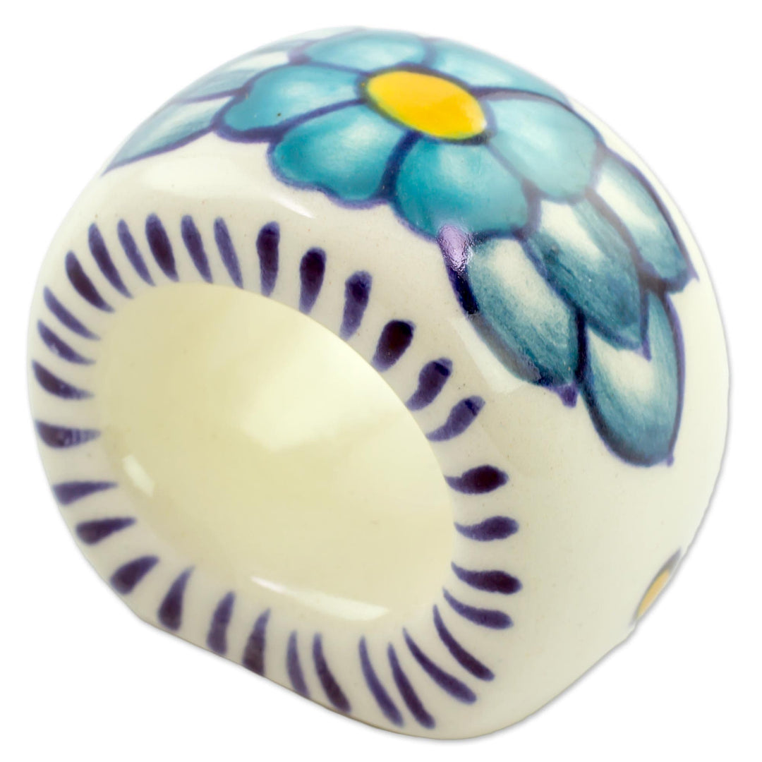 Artisan Crafted Floral Ceramic Napkin Rings (Set of 4) - Bermuda