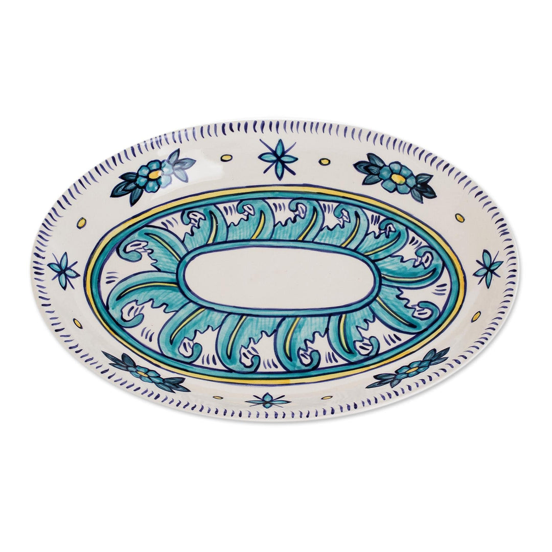 Oval Ceramic Platter with Floral Motif - Bermuda
