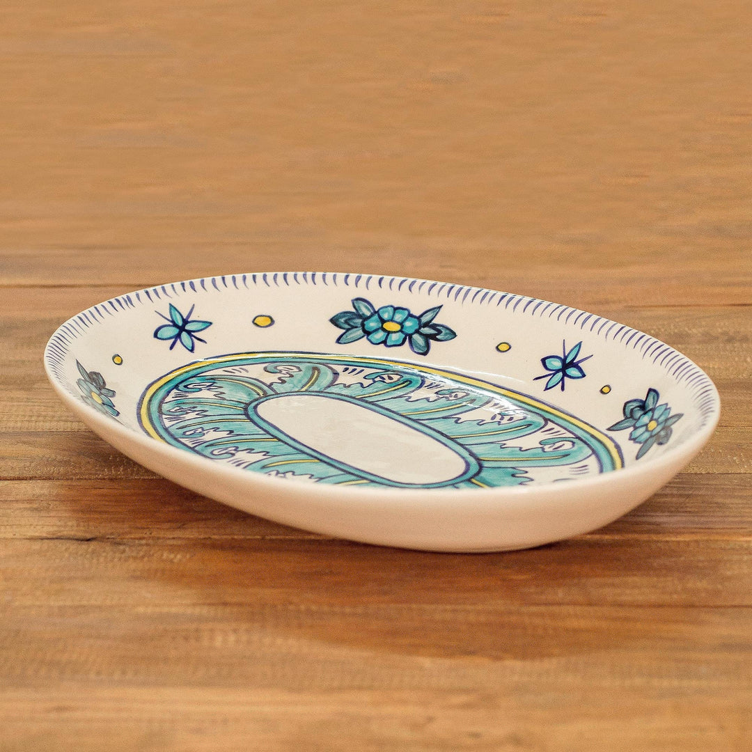 Oval Ceramic Platter with Floral Motif - Bermuda