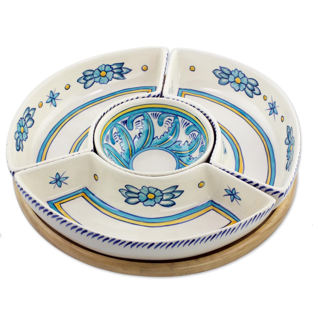 Floral Appetizer Platter with Wood Base - Bermuda