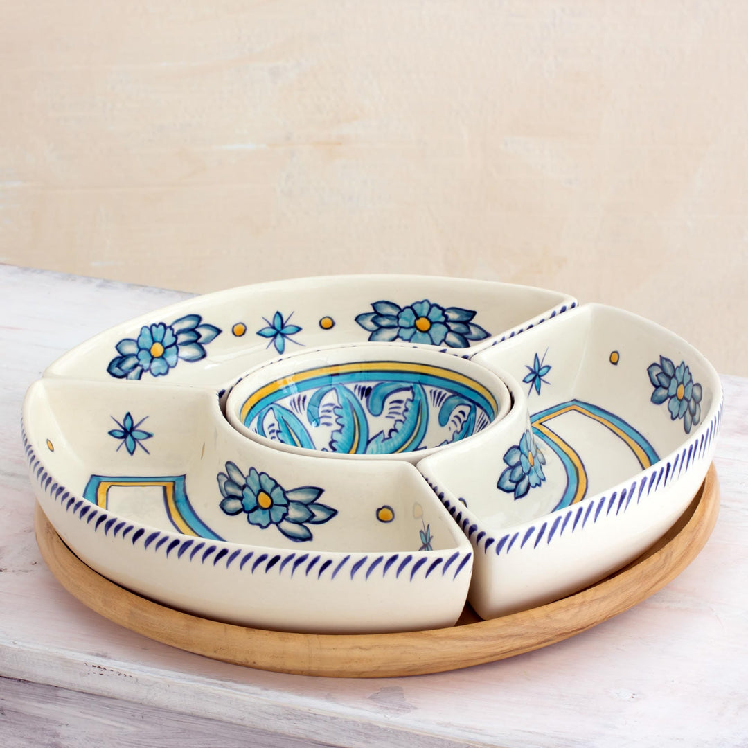 Floral Appetizer Platter with Wood Base - Bermuda