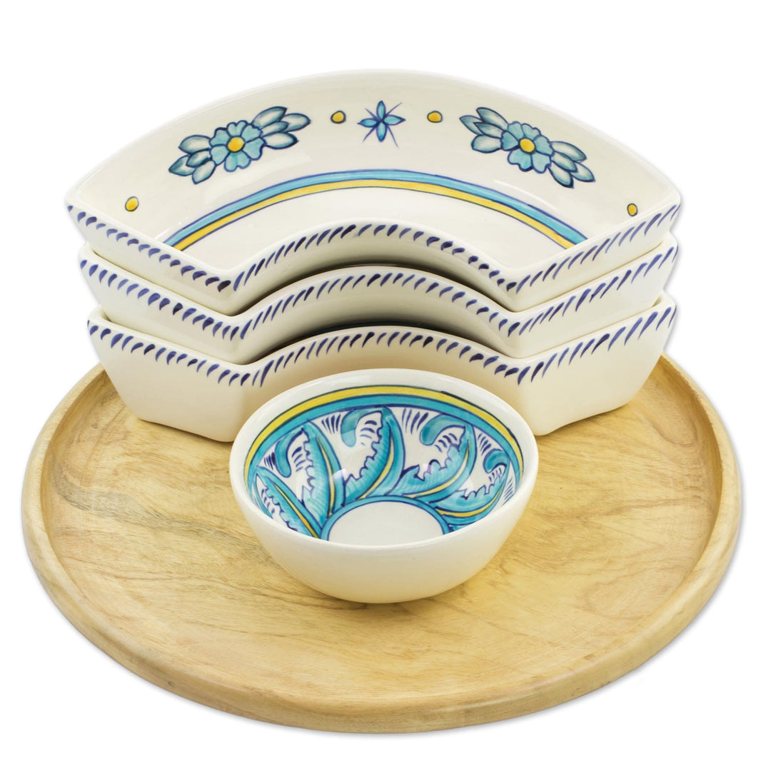 Floral Appetizer Platter with Wood Base - Bermuda