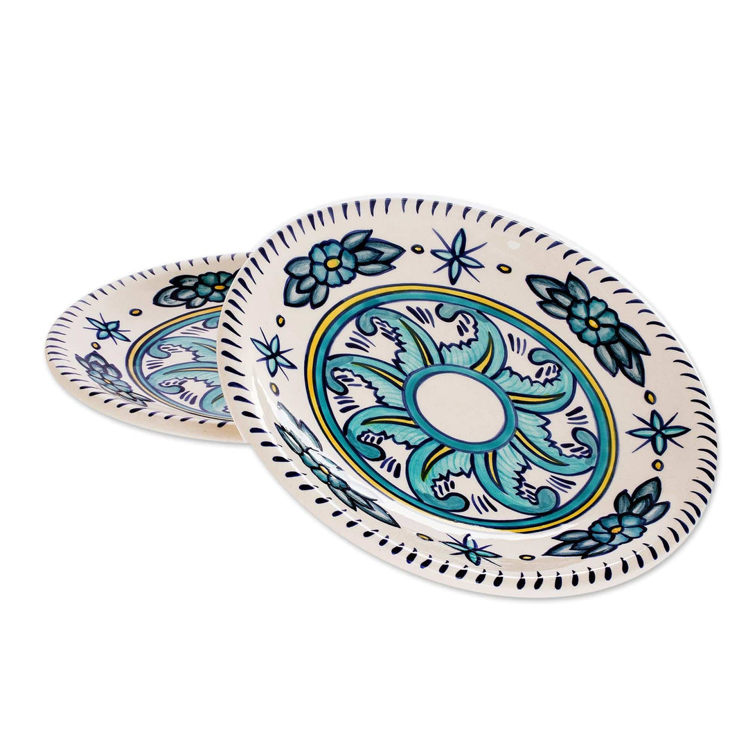 Hand Crafted Floral Ceramic Plates in Blue and White (Pair) - Bermuda