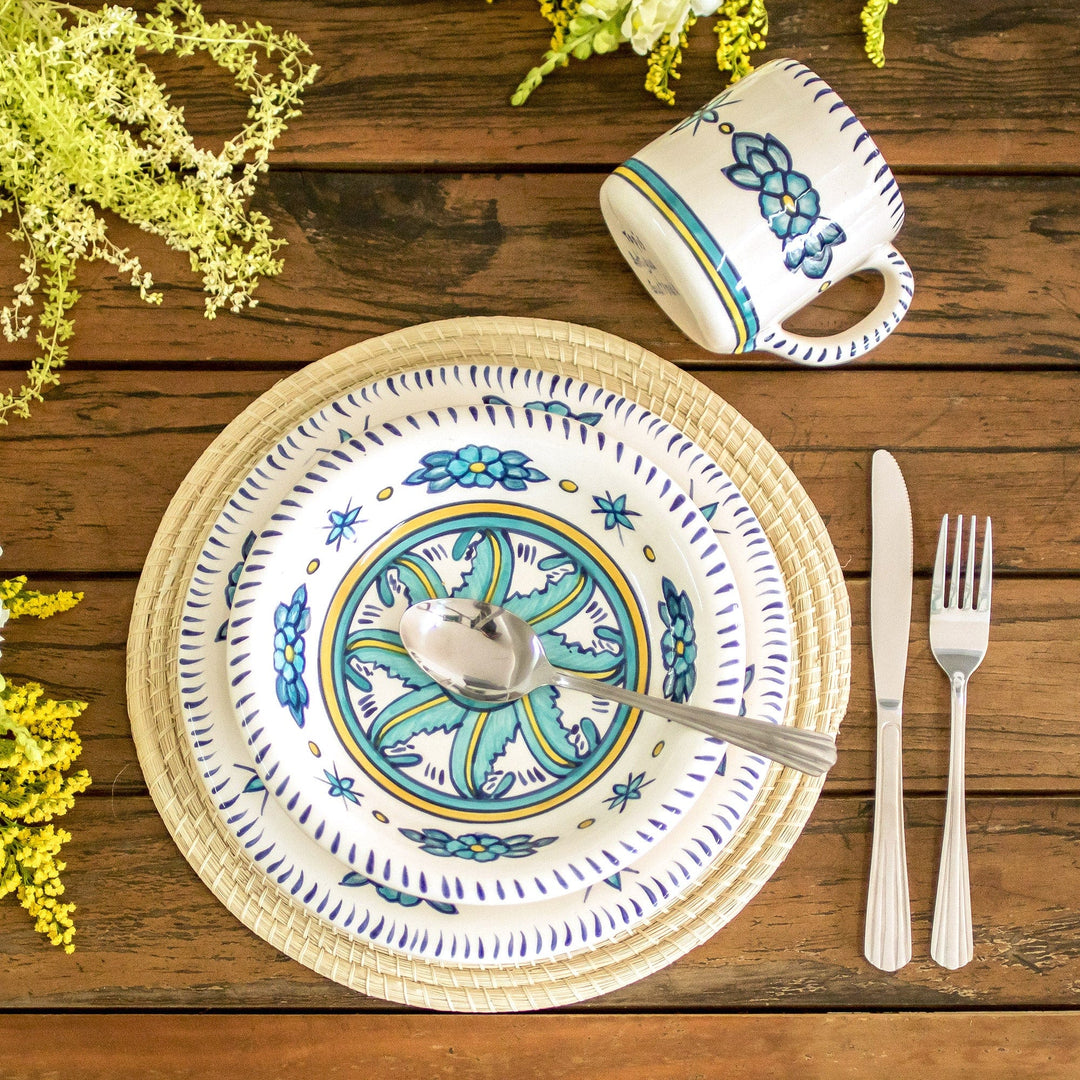 Hand Crafted Floral Ceramic Plates in Blue and White (Pair) - Bermuda