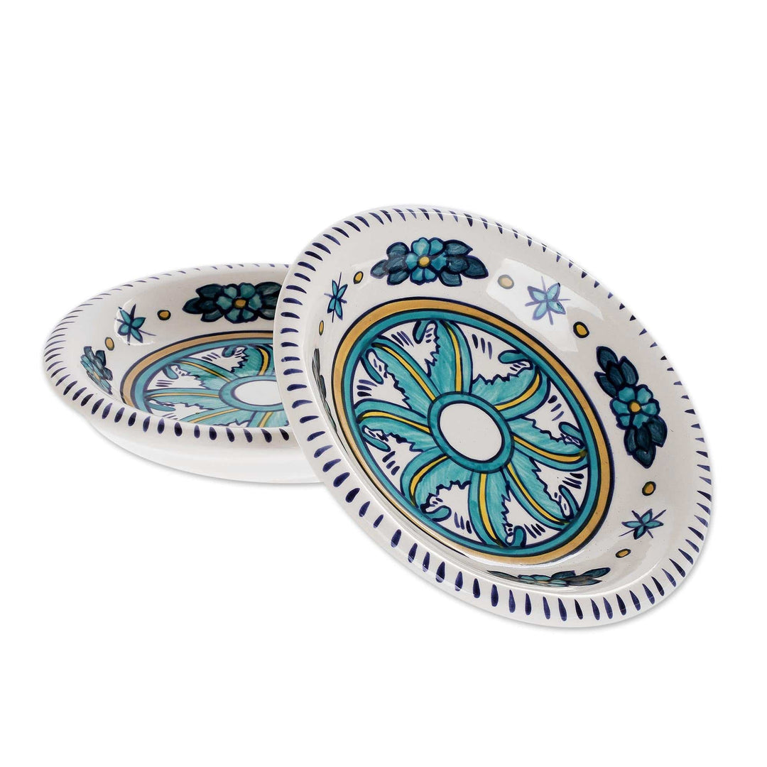 Floral Ceramic Turquoise Soup Bowls (Pair) - Quehueche
