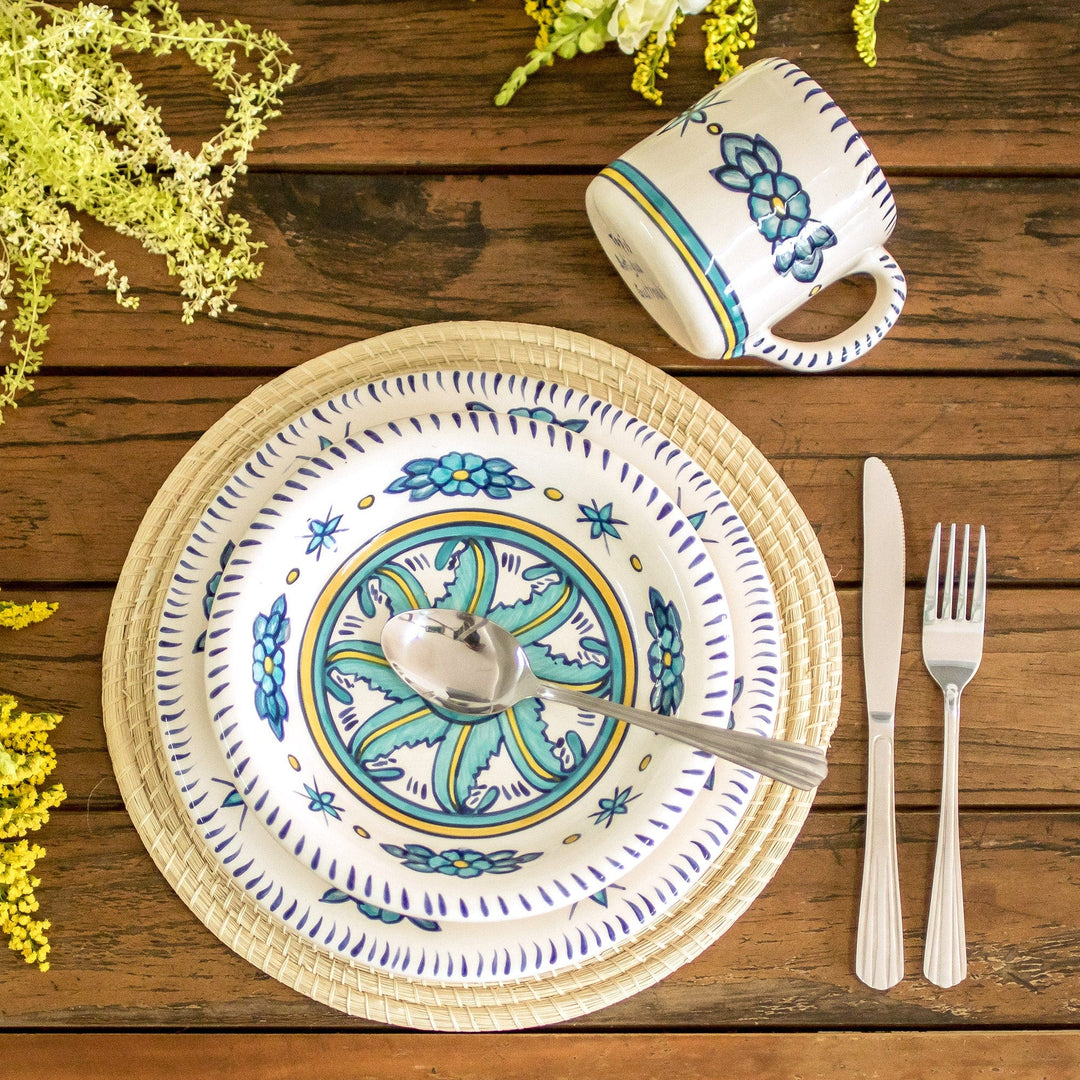 Floral Ceramic Turquoise Soup Bowls (Pair) - Quehueche