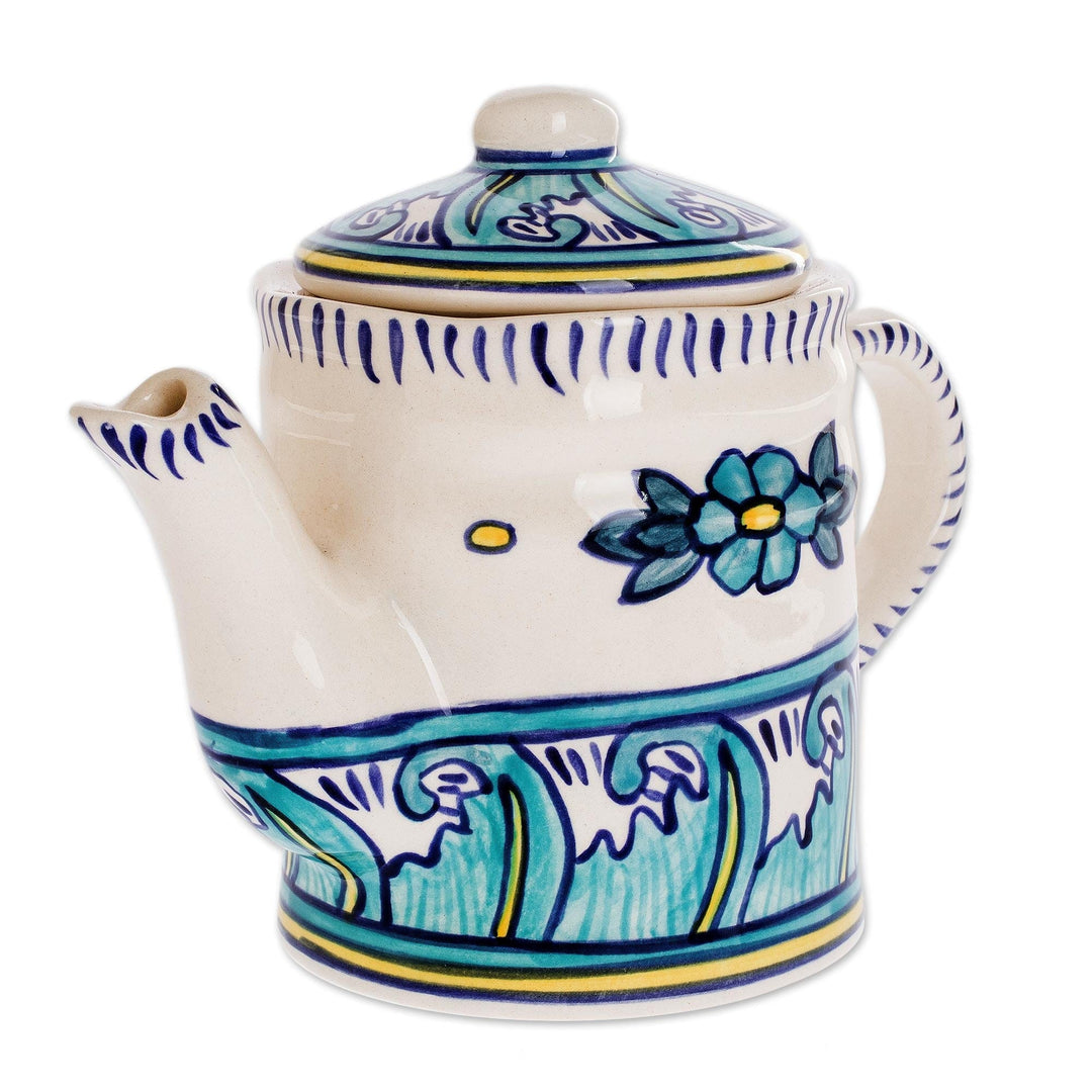 Turquoise and White Ceramic Coffee Pot - Quehueche